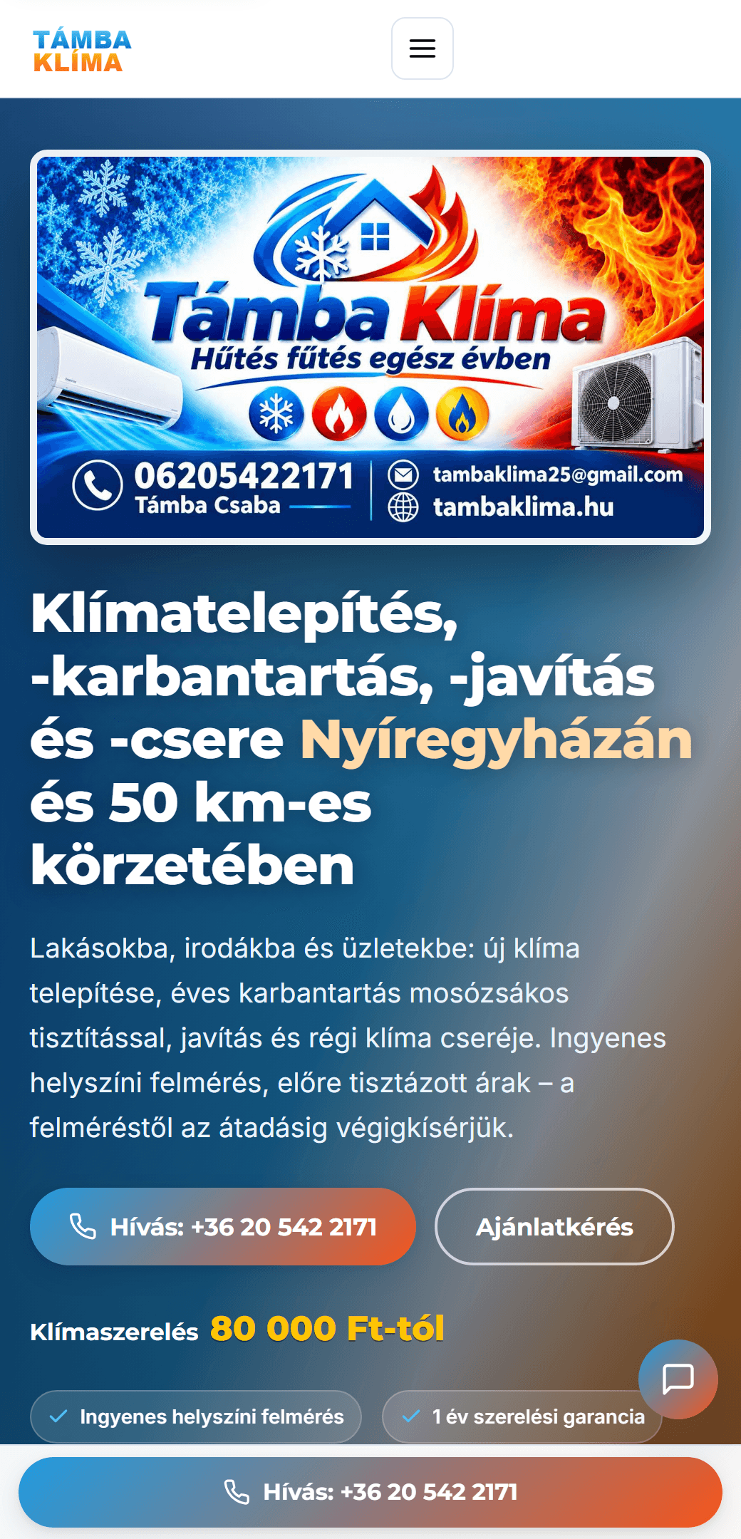 Támba Klíma weboldala telefonon