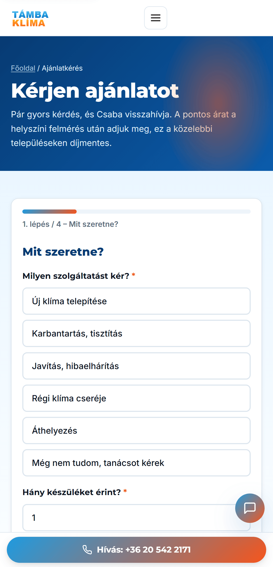Támba Klíma weboldala telefonon