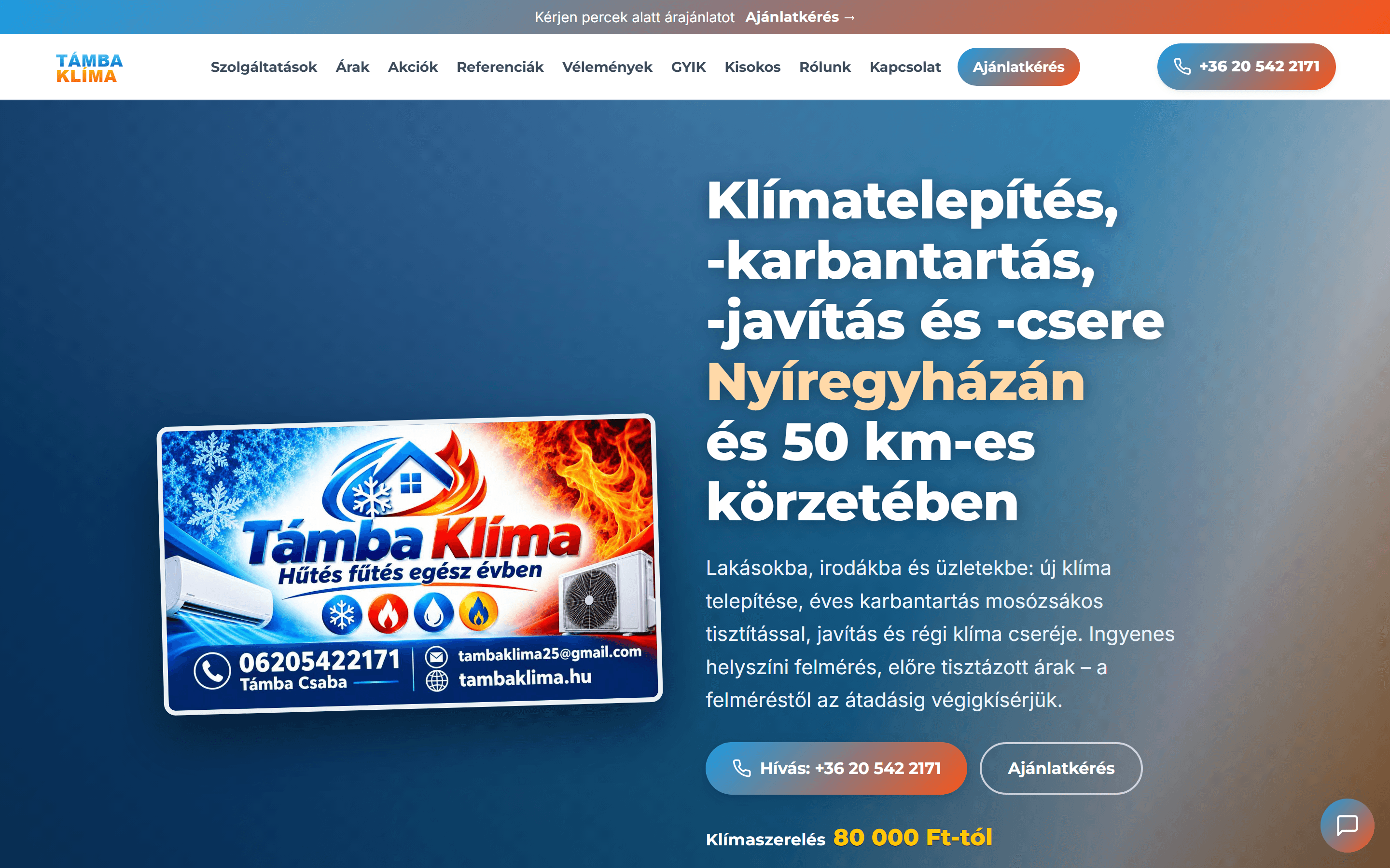 Támba Klíma weboldala asztali nézetben