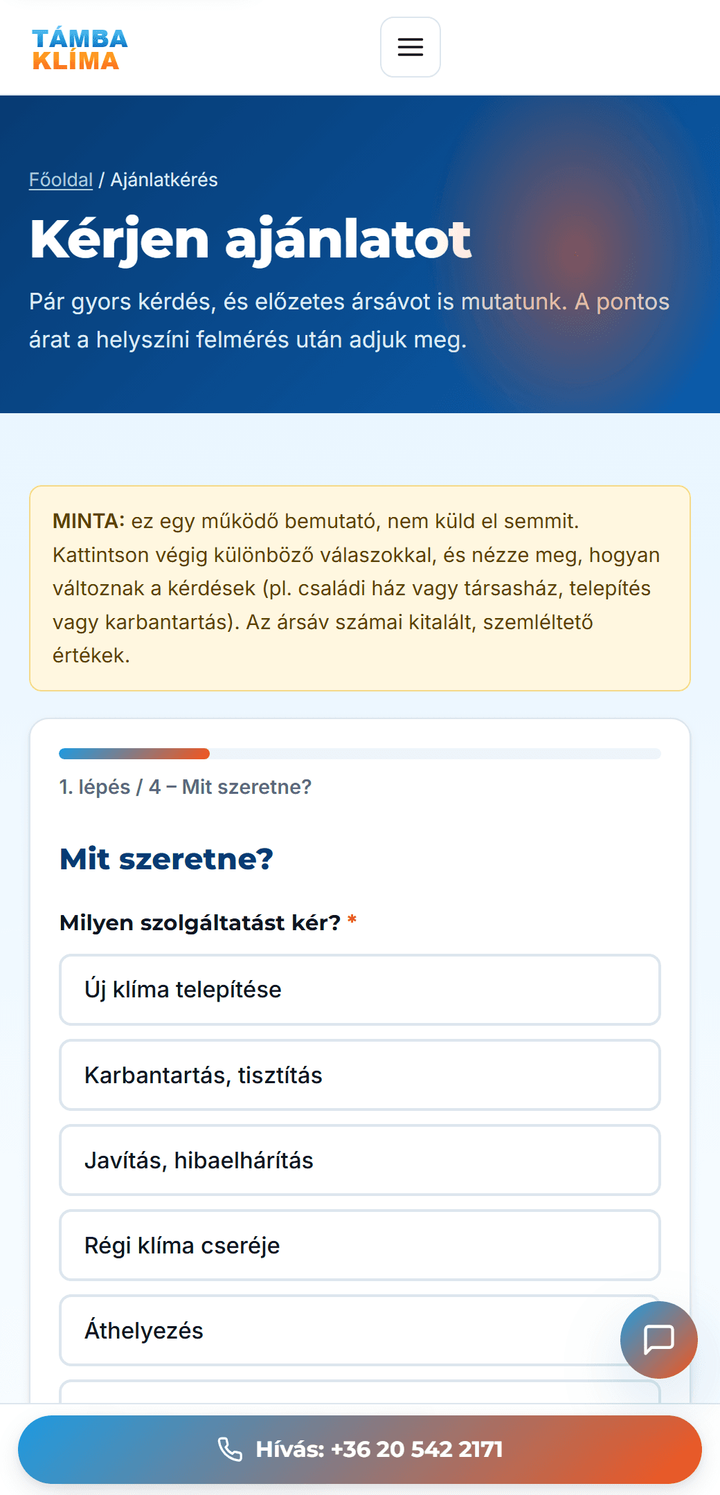 A Támba Klíma ajánlatkérője telefonon