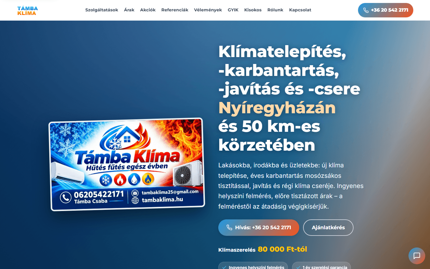 A Támba Klíma weboldalának nyitóoldala